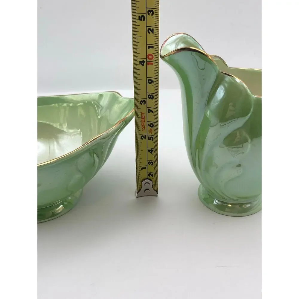 Vintage Maling Pottery Green Lusterware Gold Rim Cream Jug & Sugar Bowl Set